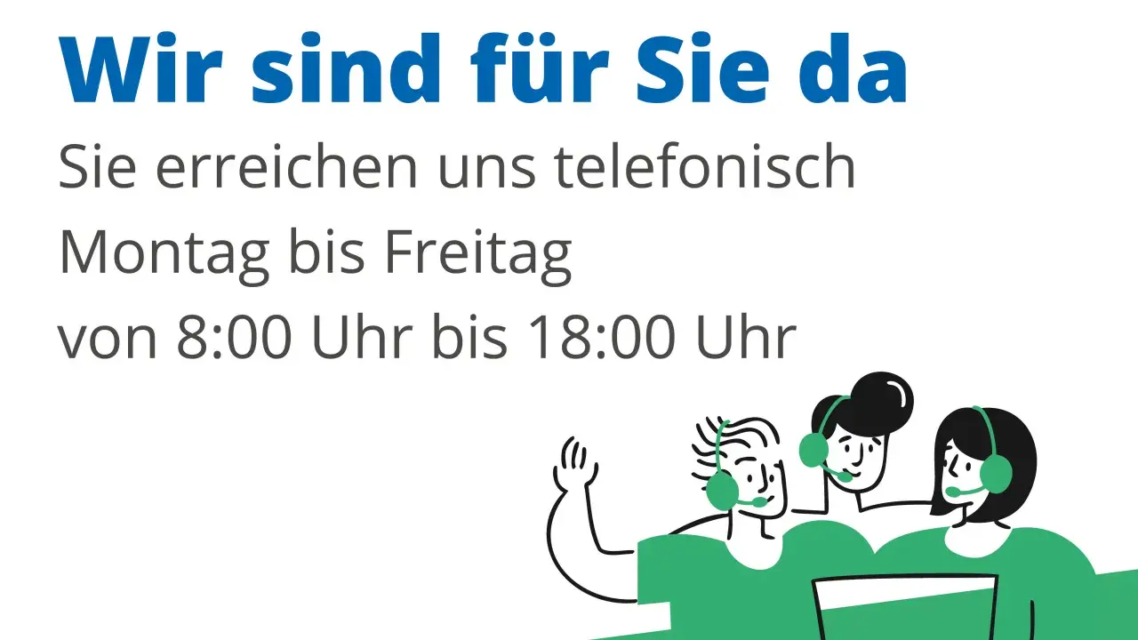 Illustration von drei Personen mit Headsets, die telefonisch erreichbar sind.