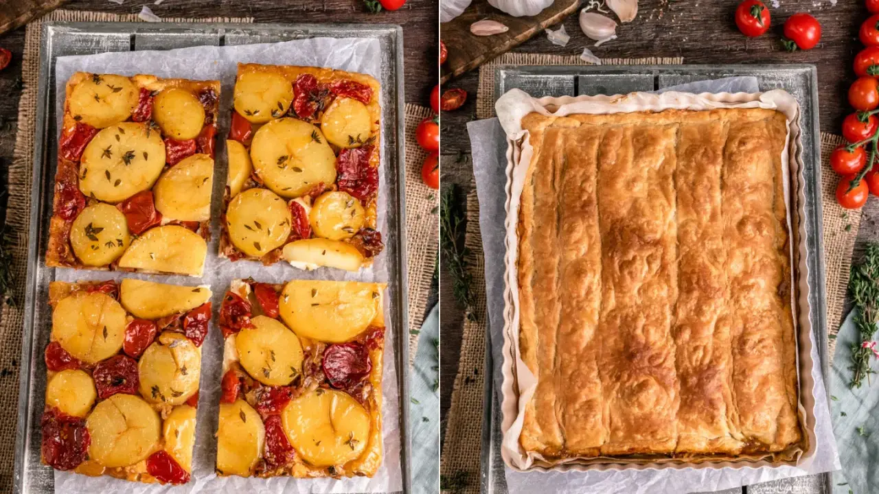 Herzhafte Tarte Tatin mit Kartoffeln und Tomaten, daneben eine goldbraune Teigkruste.