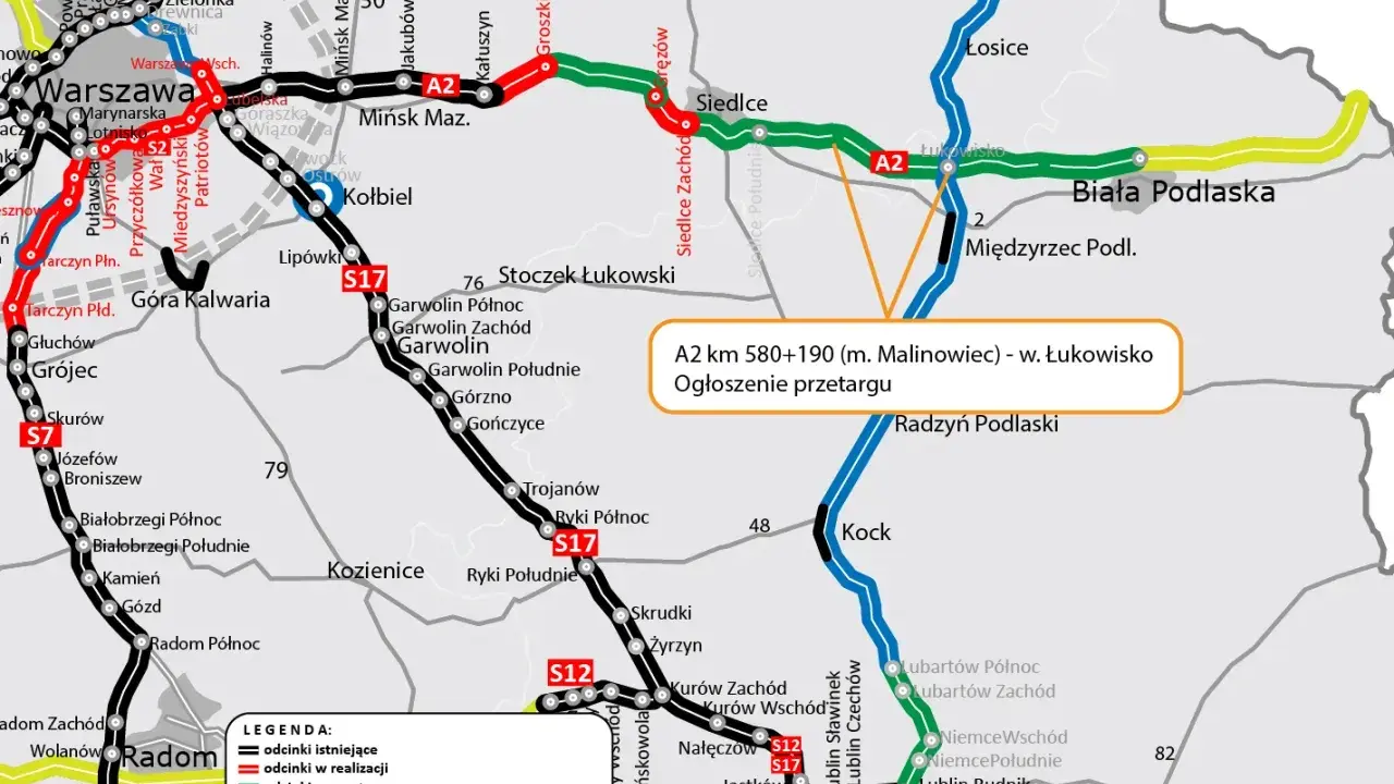 Mapa pokazuje autostradę A2, jej długość i przebieg, z zaznaczonym odcinkiem w przetargu.