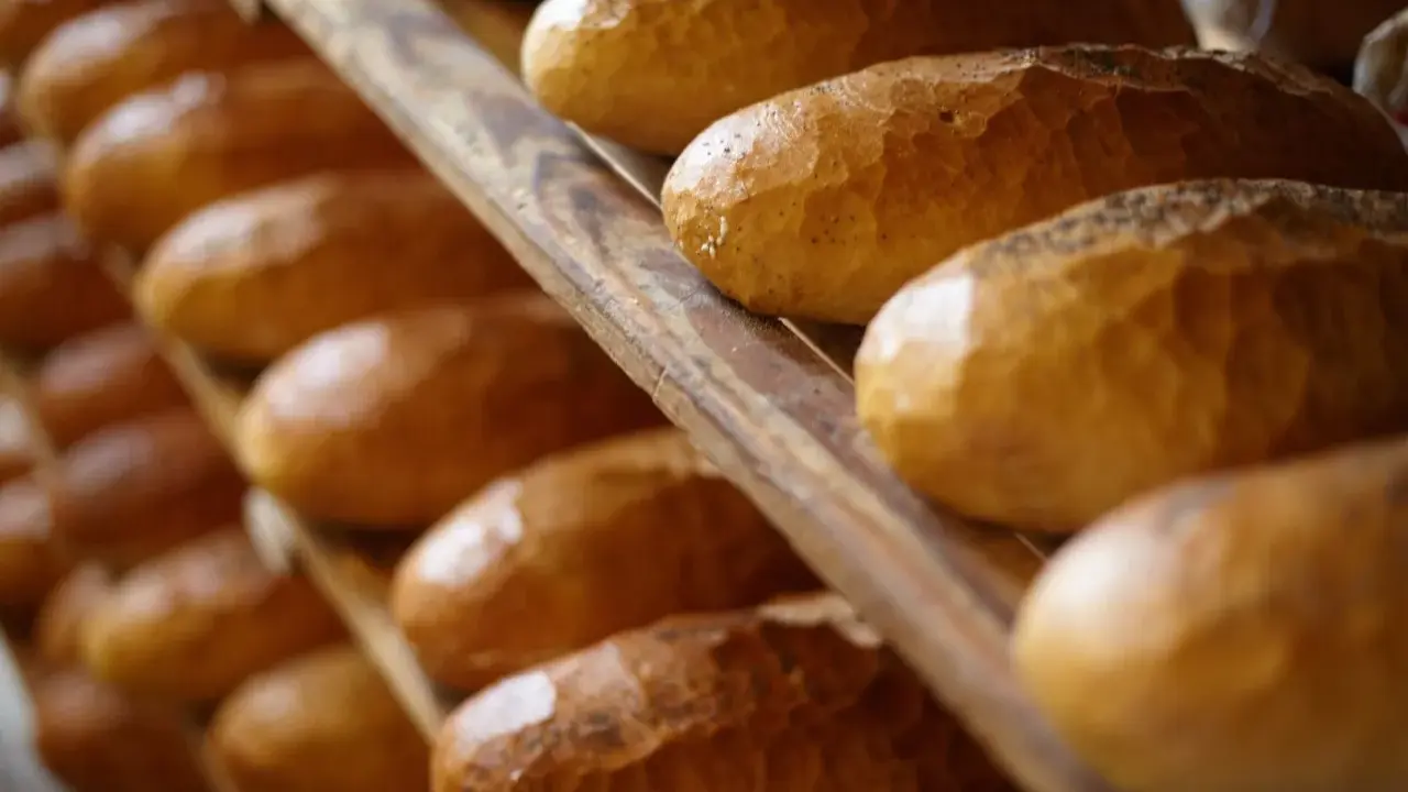 Rzędy czerstwego chleba na drewnianych półkach. Niektóre bochenki posypane są makiem.