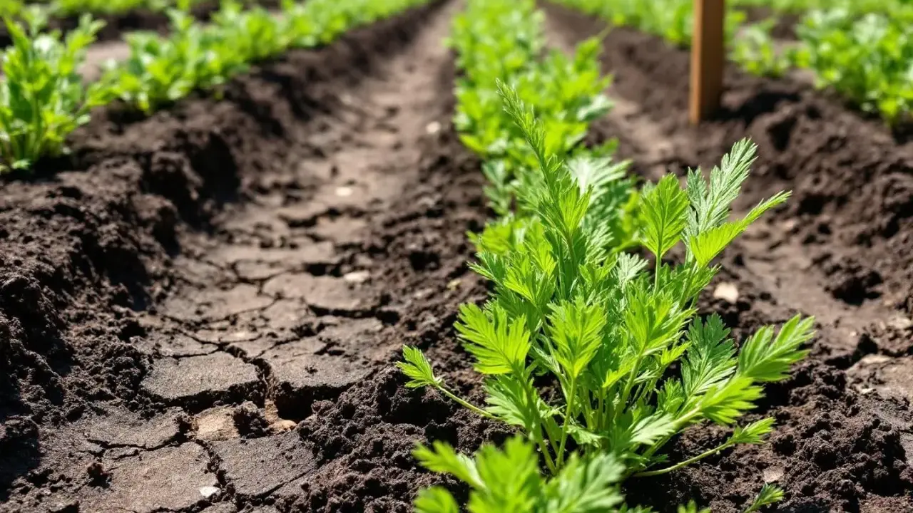 Jeunes semis de panais dans un champ, alignés en rangées sur un sol sombre et craquelé.