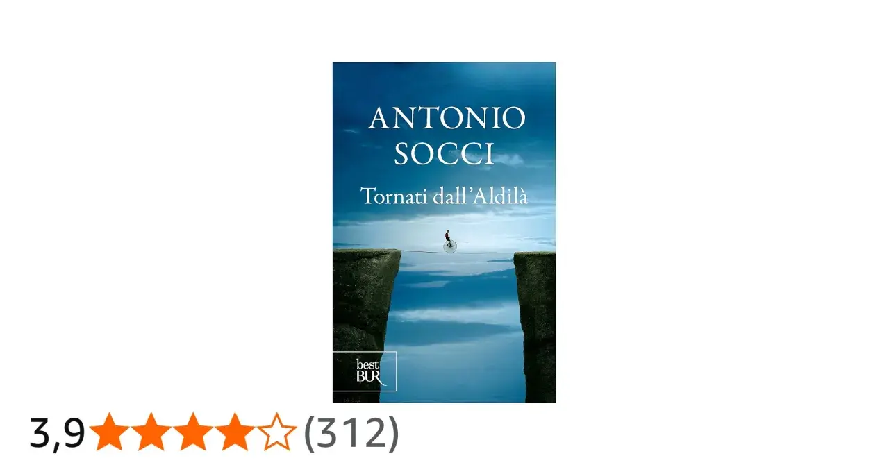 Copertina libro "Tornati dall'Aldilà" di Antonio Socci. Un funambolo su monociclo attraversa un baratro tra due rocce.