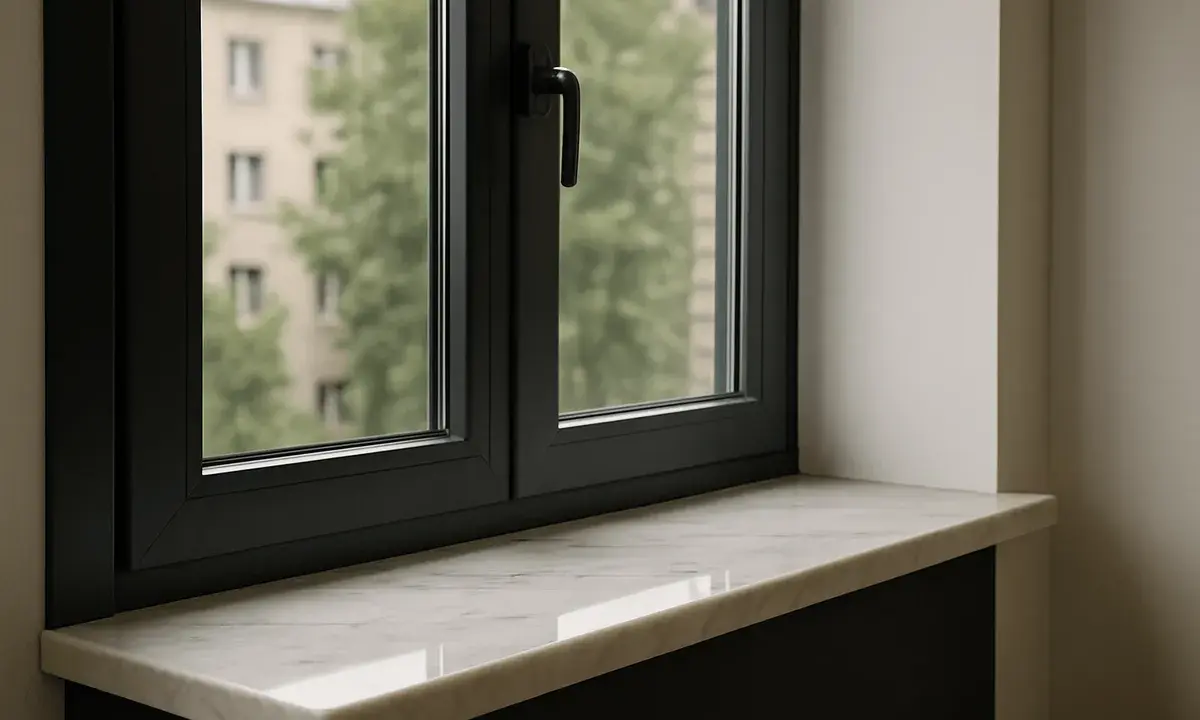 Elegancki parapet z konglomeratu marmurowego w klasycznych kolorach, idealnie komponuje się z czarną ramą okienną.