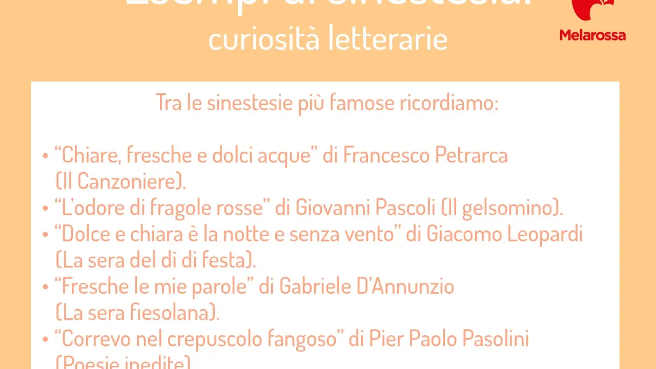 Esempi di sinestesia: "Chiare, fresche e dolci acque" di Petrarca, "L'odore di fragole rosse" di Pascoli, "Dolce e chiara è la notte" di Leopardi.