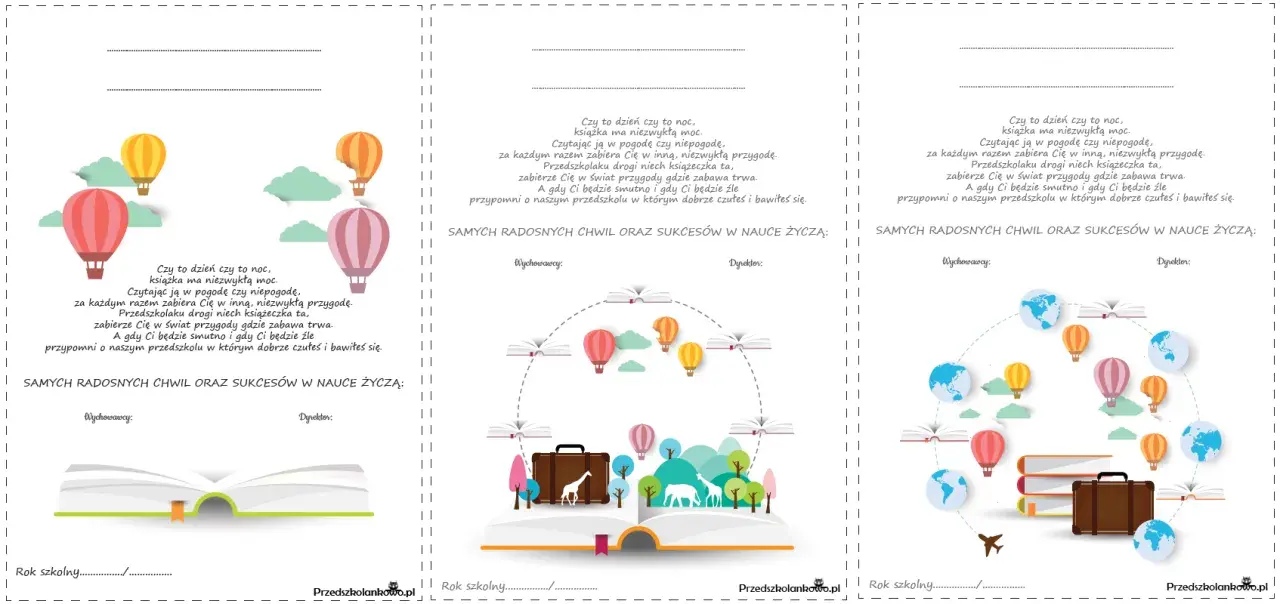 Wkładki do książek do edycji z motywem podróży i nauki. Balony, globusy i walizka symbolizują przygody, które czekają na dzieci w świecie książek.