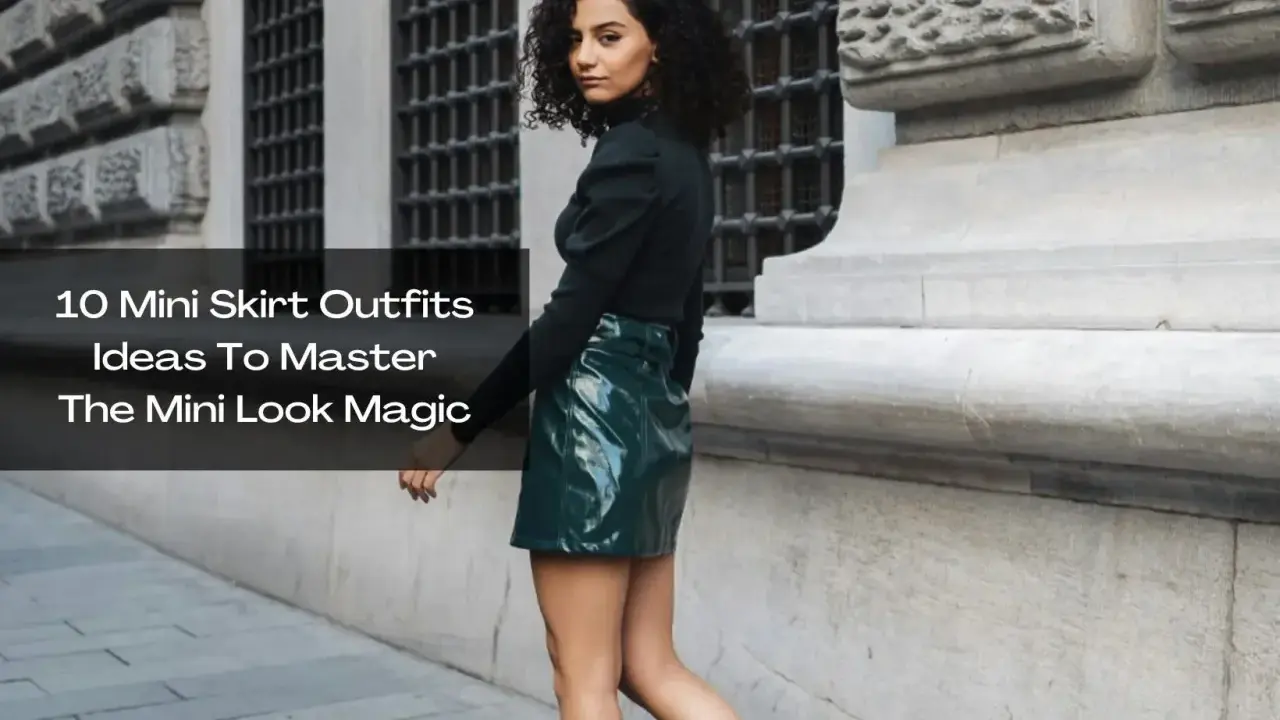 A woman models a shiny green mini skirt and black top, showcasing a chic mini skirt and boots outfit idea.