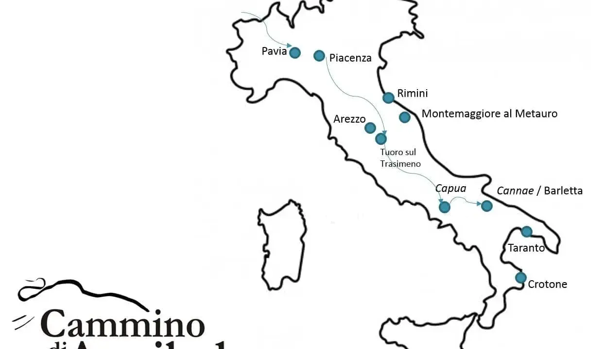 Mappa del Cammino di Annibale, che ripercorre le tappe storiche in Italia da Pavia a Crotone, passando per Piacenza, Rimini, Arezzo e Capua.