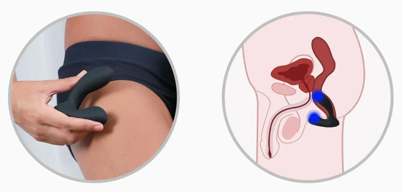 Dłoń trzyma czarny masażer, a obok schemat anatomiczny pokazujący stymulację prostaty.