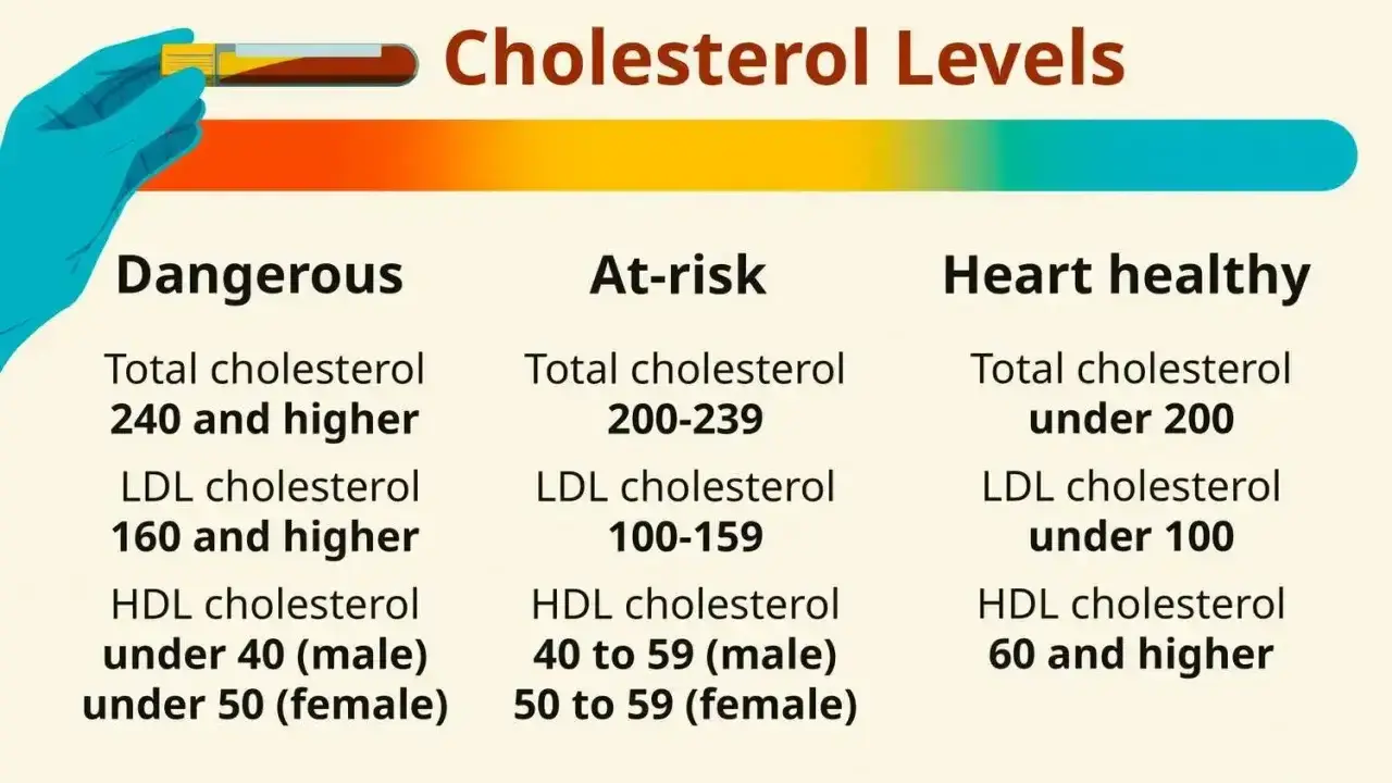 Poziomy cholesterolu: wysoki cholesterol jest niebezpieczny. Tabela pokazuje wartości dla cholesterolu całkowitego, LDL i HDL.