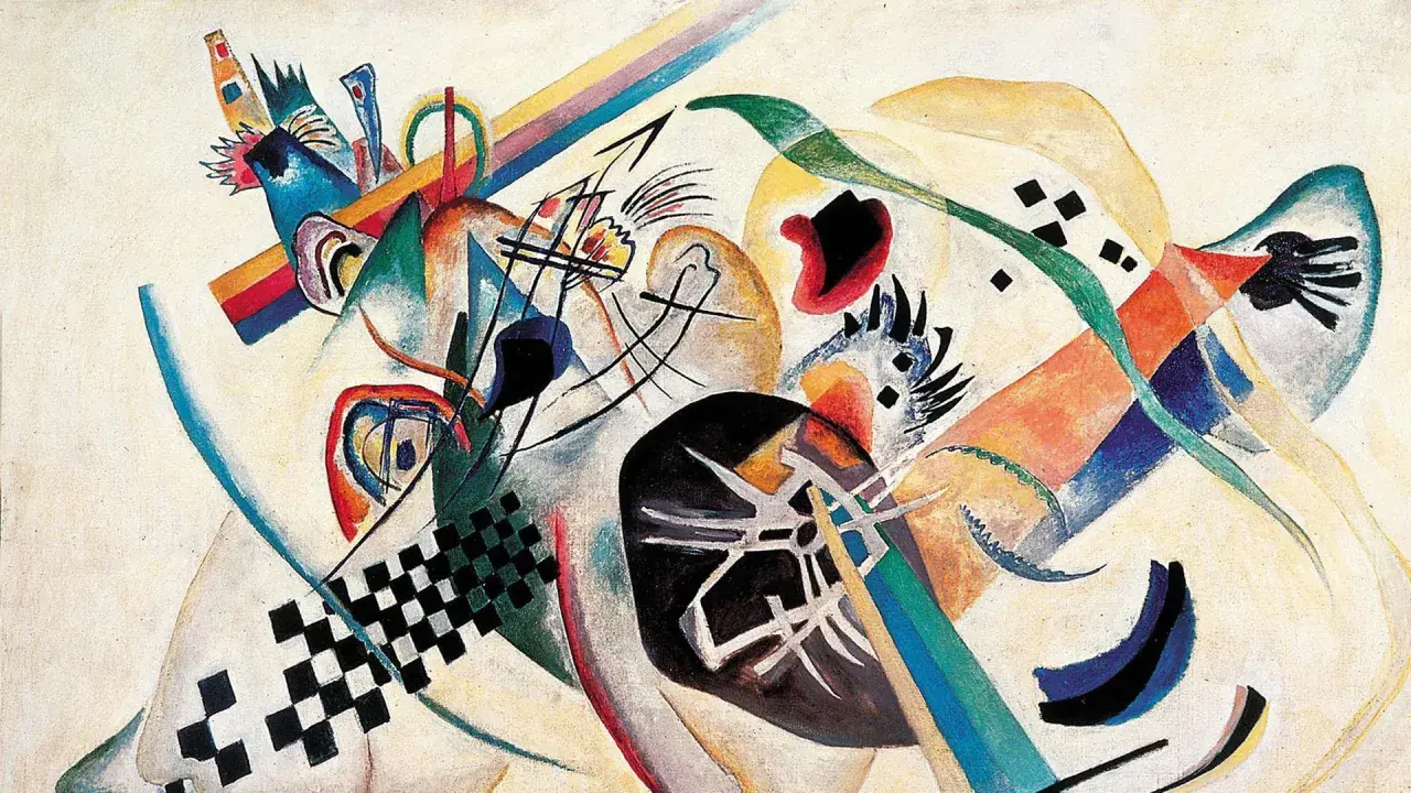 Abstrakte Kunst Beispiele: Ein dynamisches Zusammenspiel von Formen und Farben, das an eine Explosion von Gefühlen erinnert.