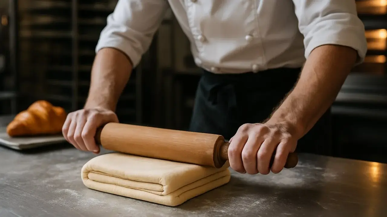 Un boulanger prépare une pâte feuilletée pour une recette, avec un croissant en arrière-plan.