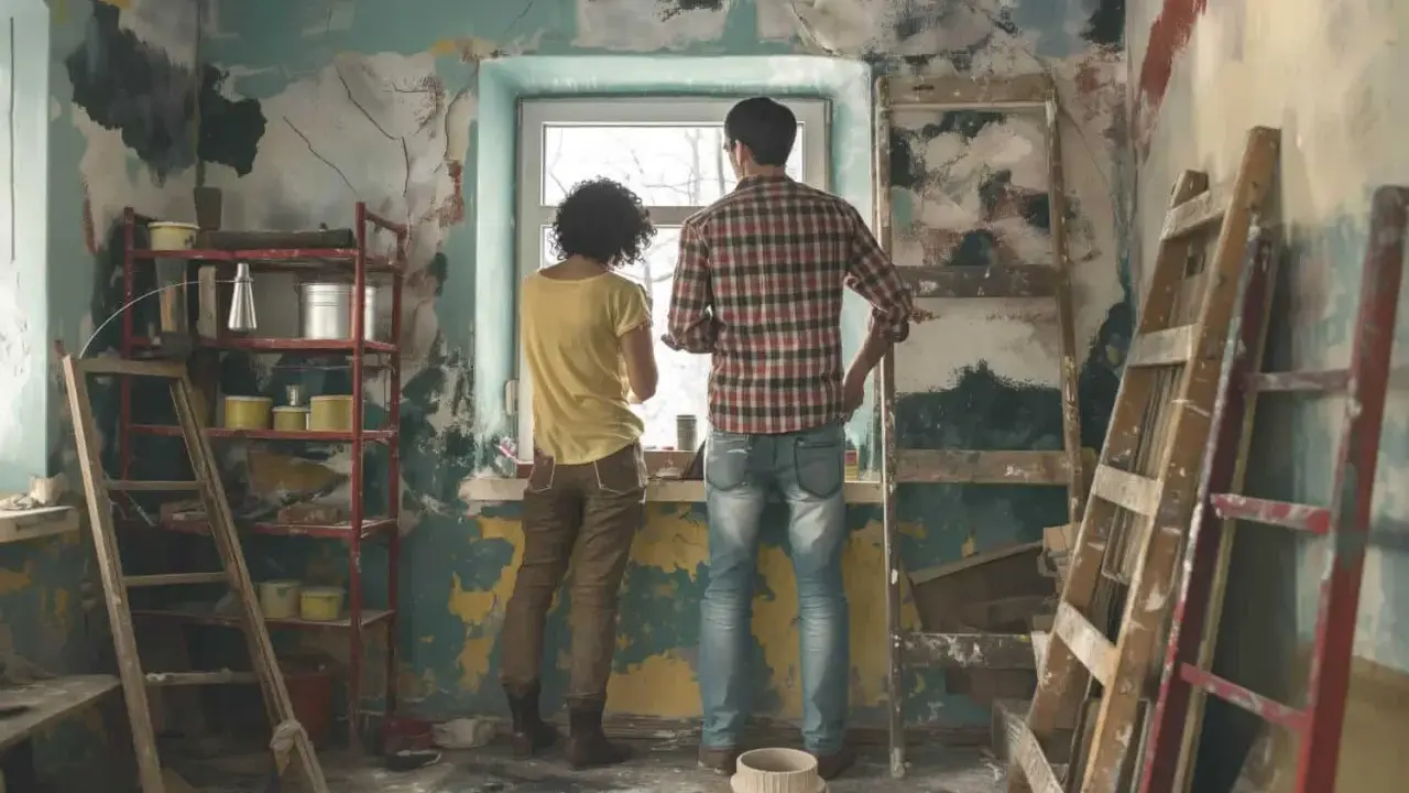 Pareja evalúa cuánto cuesta reformar una casa, rodeada de escaleras y materiales de construcción en una habitación en ruinas.