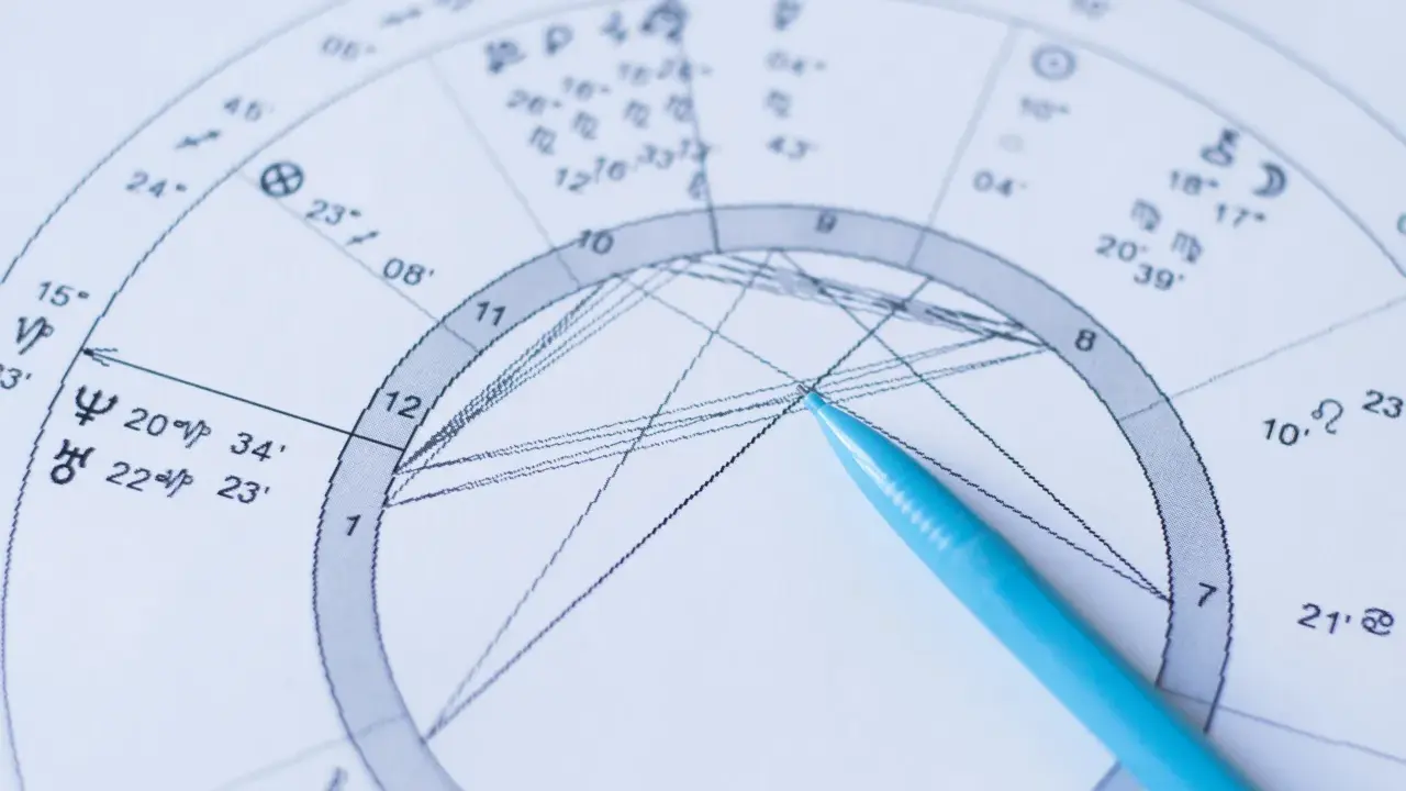 Zbliżenie na astrologia wedyjska kosmogram z niebieskim długopisem wskazującym na wykres.
