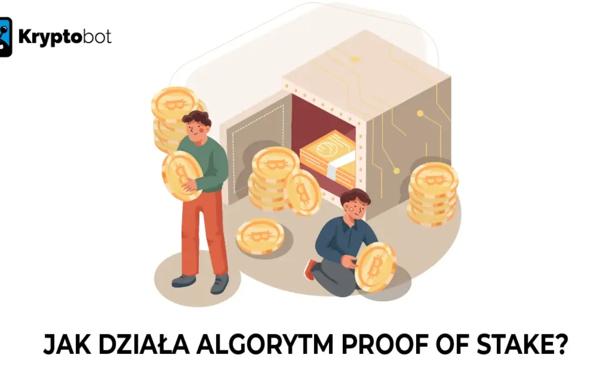 Dwóch mężczyzn z monetami kryptowalutowymi przy sejfie. Ilustracja wyjaśnia, co to jest nominated proof of stake.