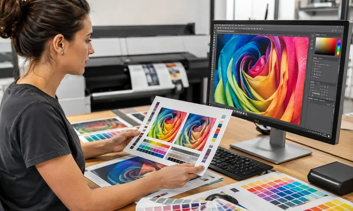 Diseñadora revisa impresiones a color, comparando con la pantalla y muestras. Entendiendo el cmyk significado para la impresión perfecta.