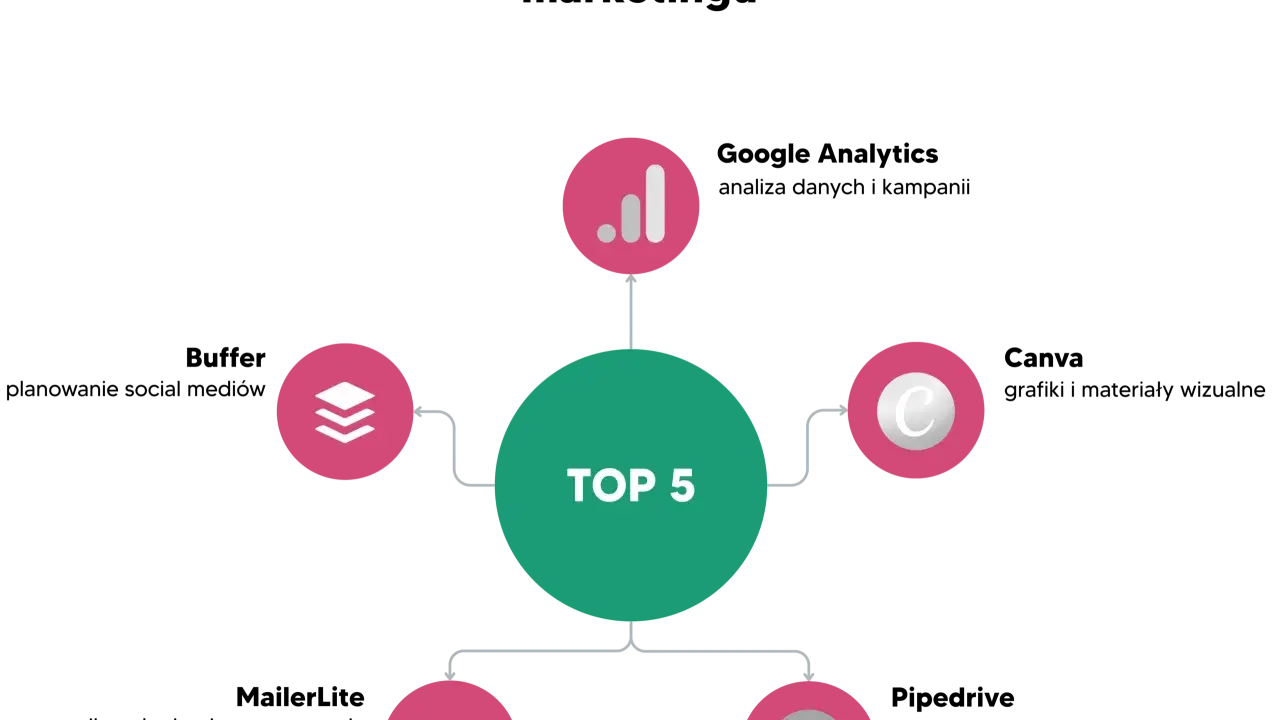 Diagram przedstawia TOP 5 narzędzi e-commerce: analizę danych, zarządzanie, komunikację, treści i płatności.