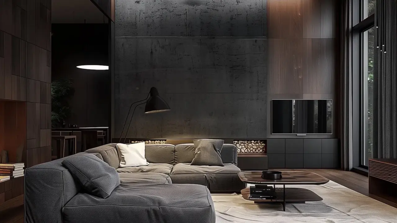 Salon moderne avec canapé gris, table basse design et éclairage tamisé. Une ambiance feutrée synonyme de détente.