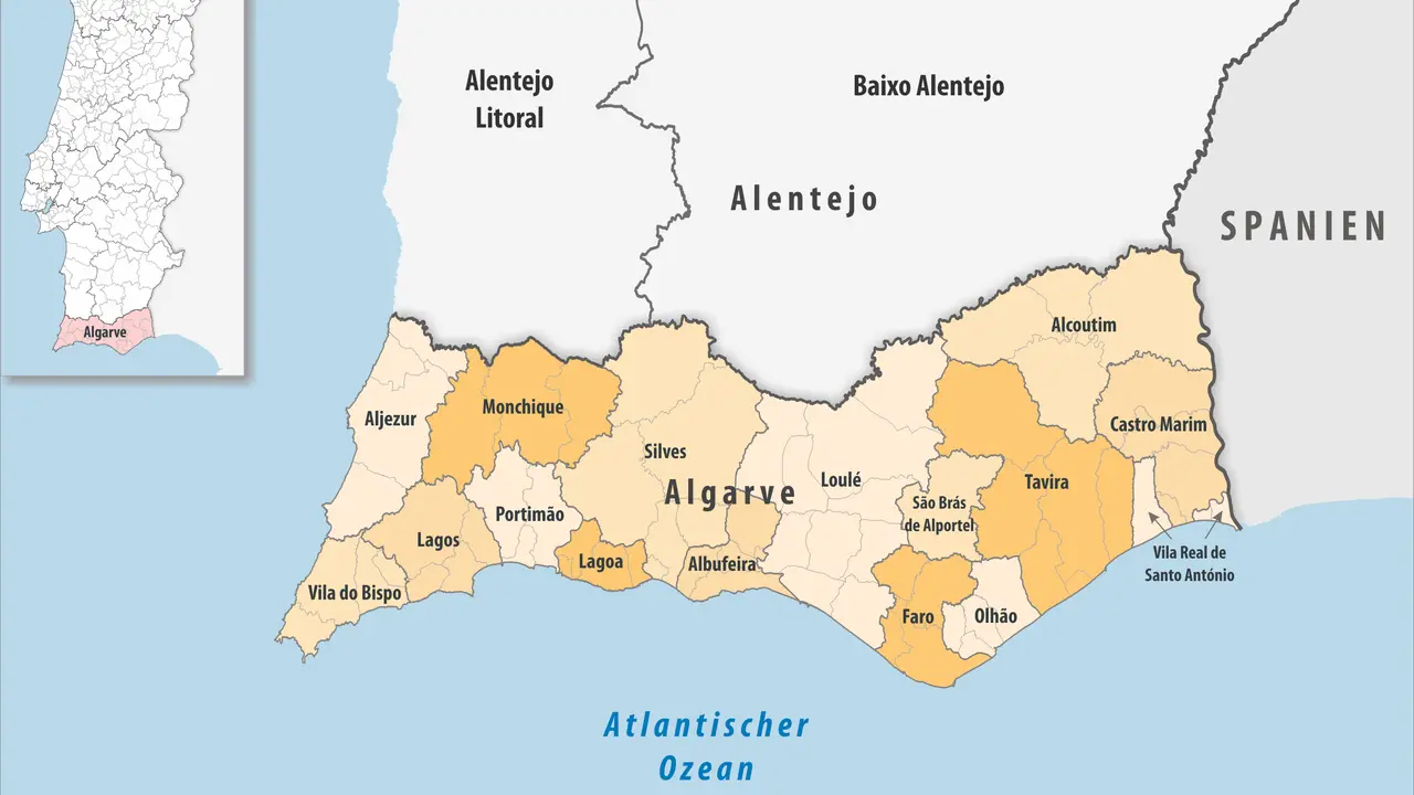 Karte von Portugal mit hervorgehobener Region Algarve. Faro liegt an der Südküste, östlich von Loulé und westlich von Olhão.