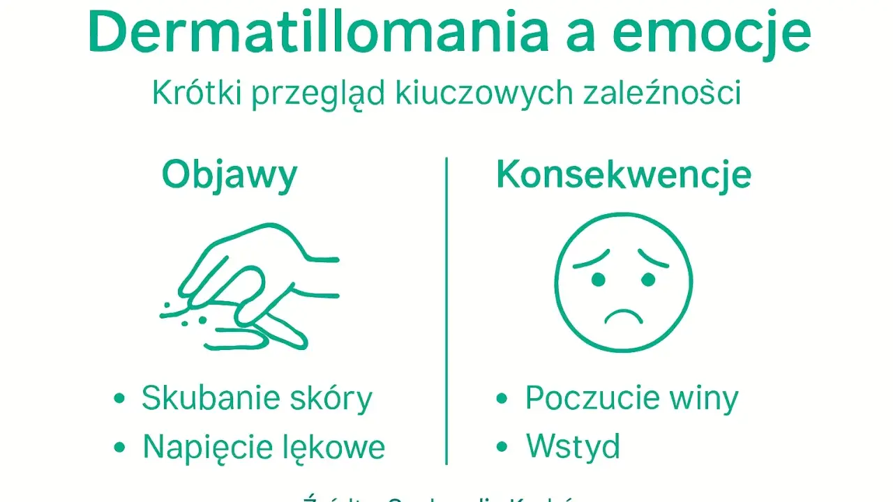 Dermatillomania: objawy (skubanie skóry, napięcie lękowe) i konsekwencje (poczucie winy, wstyd).