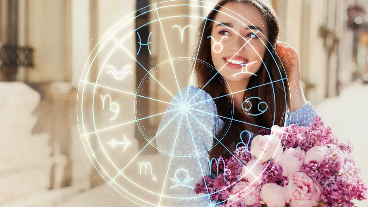 Uśmiechnięta Panna z bukietem kwiatów, otoczona magicznym kołem zodiaku. Sprawdź swój horoskop tygodniowy Panna!