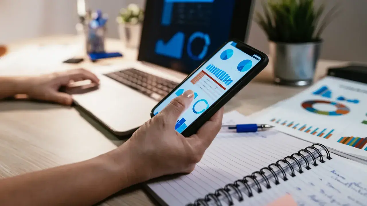 Una gestora de fondos revisa gráficos financieros en su móvil y portátil, analizando datos para tomar decisiones estratégicas.