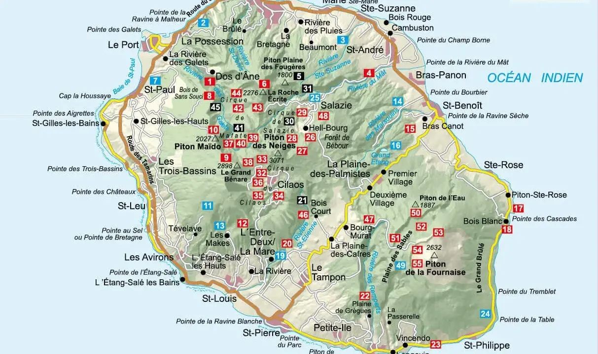 Mapa Reunion: podróż po wyspie, od wybrzeża po wulkany. Odkryj punkty widokowe, plaże i szlaki.