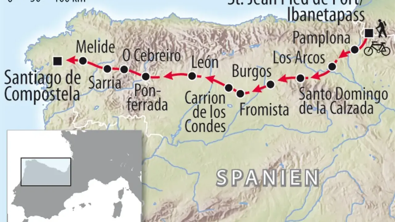 Karte des Jakobswegs mit Fahrradsymbolen. Die Route führt von St. Jean Pied de Port über Pamplona, Burgos, León nach Santiago de Compostela.