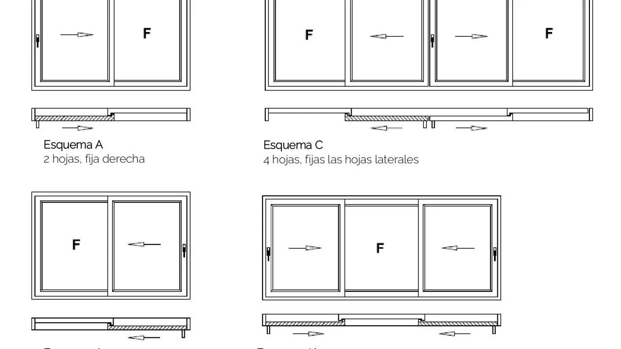 Diagramas de **detalle ventana corredera** con diferentes configuraciones de hojas fijas y móviles.