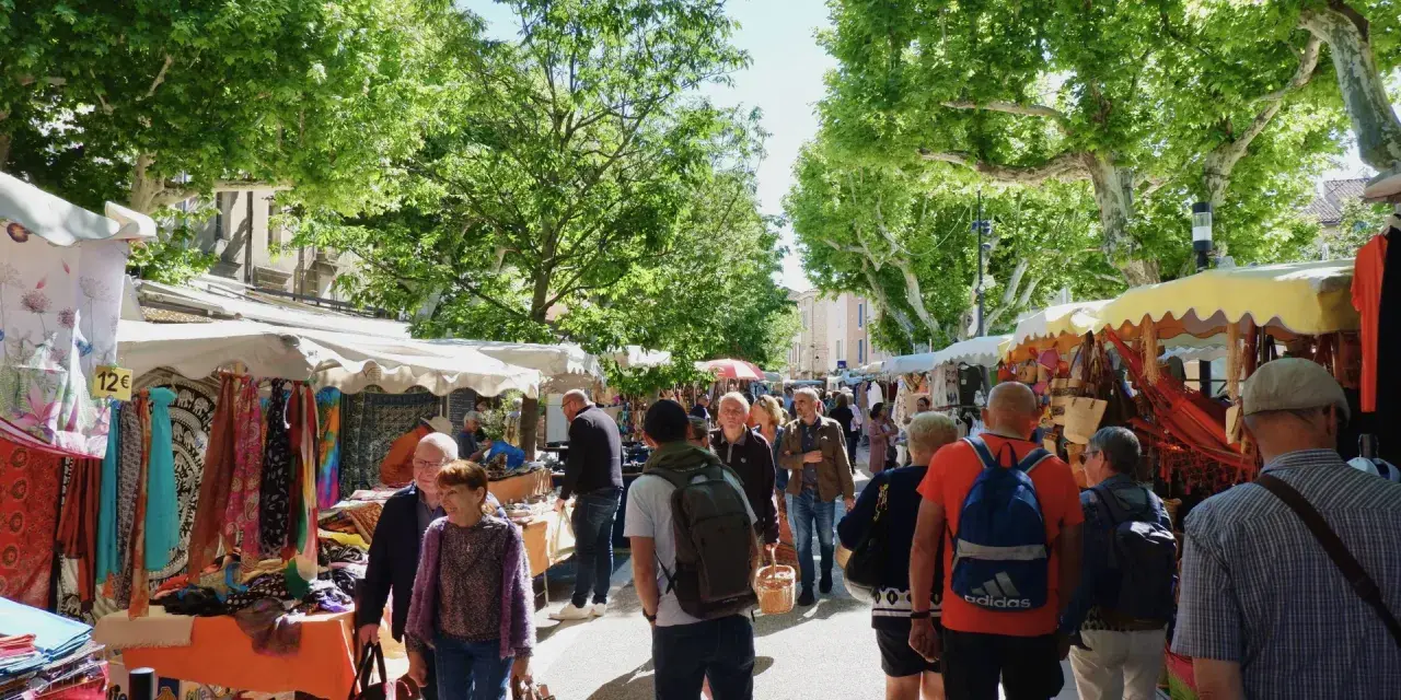 Ambiance animée au marché de Vaison-la-Romaine, avec des étals colorés de tissus et d'artisanat sous les platanes.