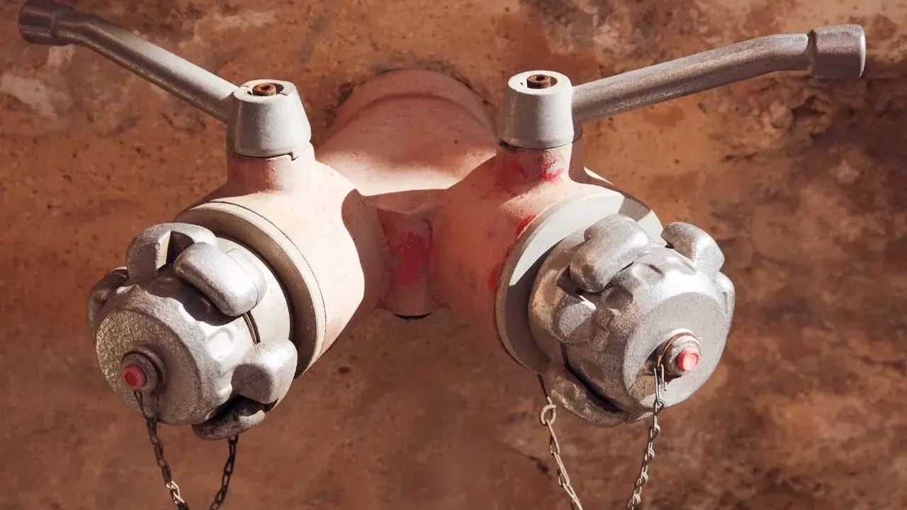 Dwa zawory hydrantu pożarowego, jeden z nich z widocznym czerwonym bolcem. Różne rodzaje hydrantów mogą mieć odmienne konstrukcje.