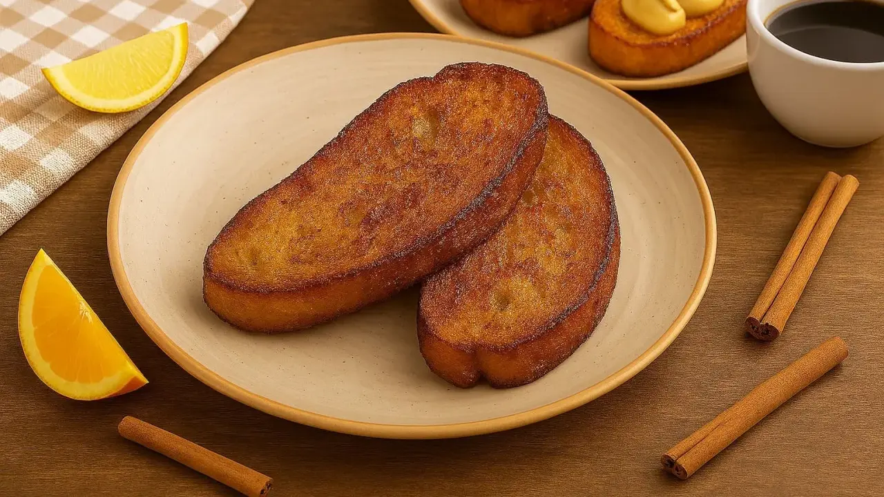 Dos torrijas doradas en un plato, acompañadas de gajos de naranja y limón, canela y café. ¡La mejor receta de torrijas!