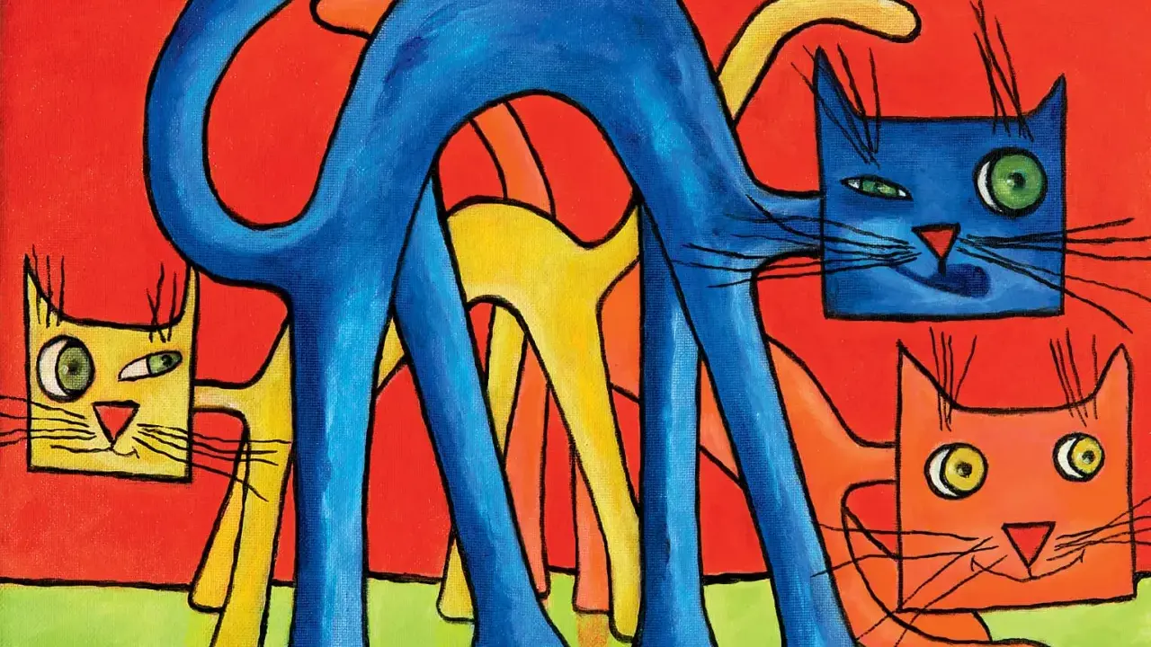 Gatti stilizzati in blu, giallo e arancione su sfondo rosso e verde. I colori complementari creano un effetto vibrante e giocoso.