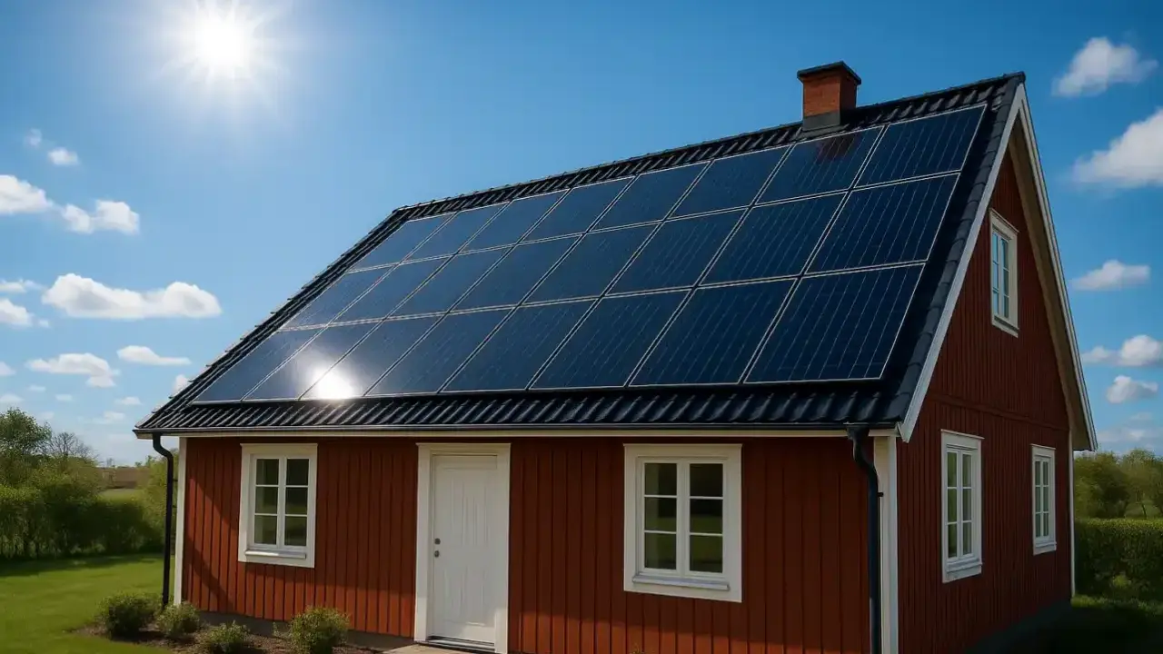 Rött hus med solpaneler på taket, som har en 45 graders lutning. Solen skiner från en klarblå himmel.