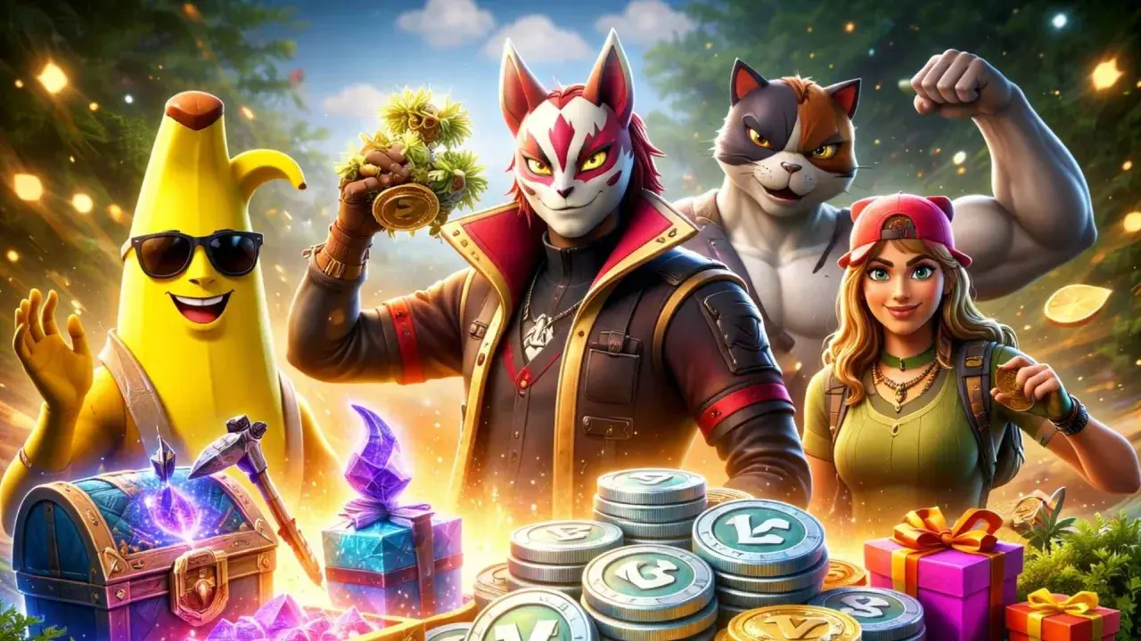 Postacie z Fortnite, banan w okularach, lis w masce i kot, trzymają monety i prezenty. Szukasz kodów do Fortnite na V-dolce?