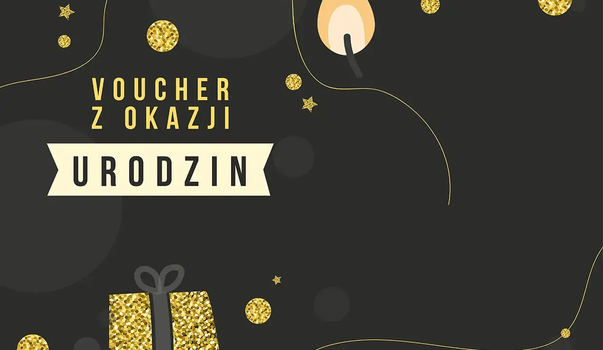 Elegancki tekst na voucher urodzinowy z błyszczącymi złotymi elementami, prezentem i płomieniem świecy.