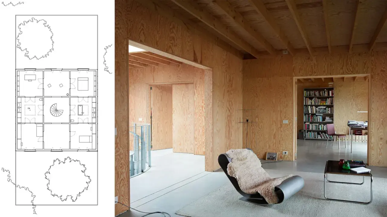 Plano de casa con paredes de madera y un sillón acogedor, ideal para un flex living.