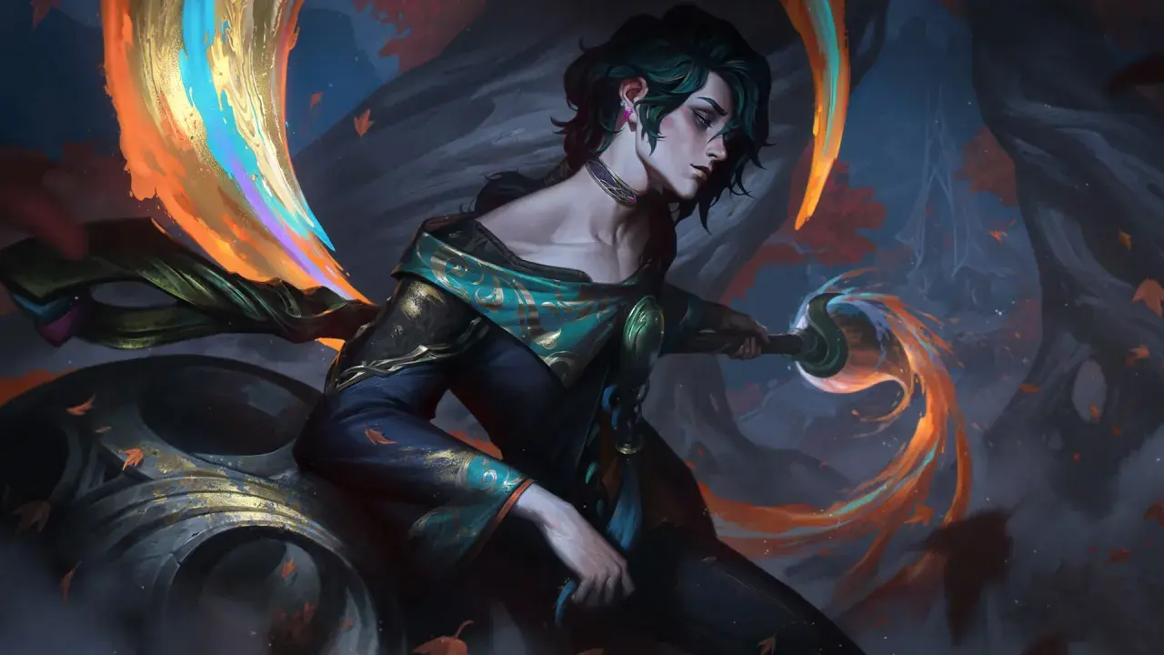 Hwei z League of Legends, artysta tworzący magią kolorów, otoczony jesiennymi liśćmi i płomieniami.