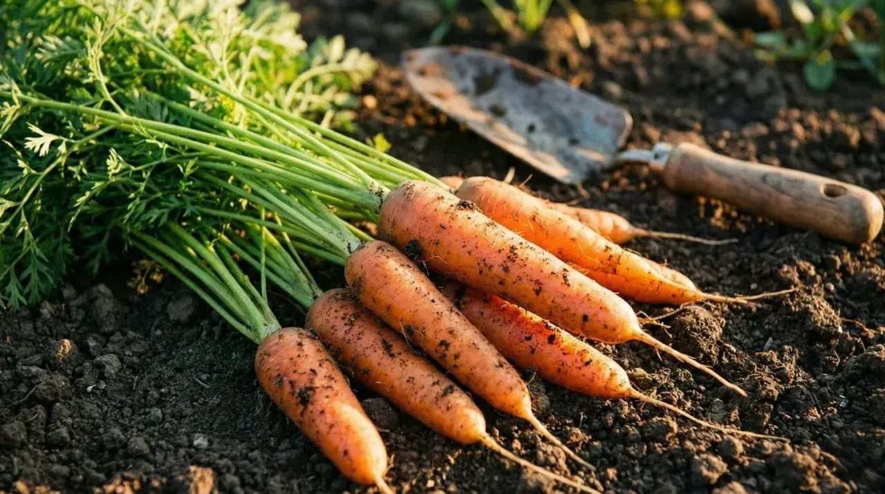 Carottes fraîchement récoltées sur la terre, prêtes pour la prochaine saison. Savoir quand semer les carottes est essentiel pour de beaux légumes.