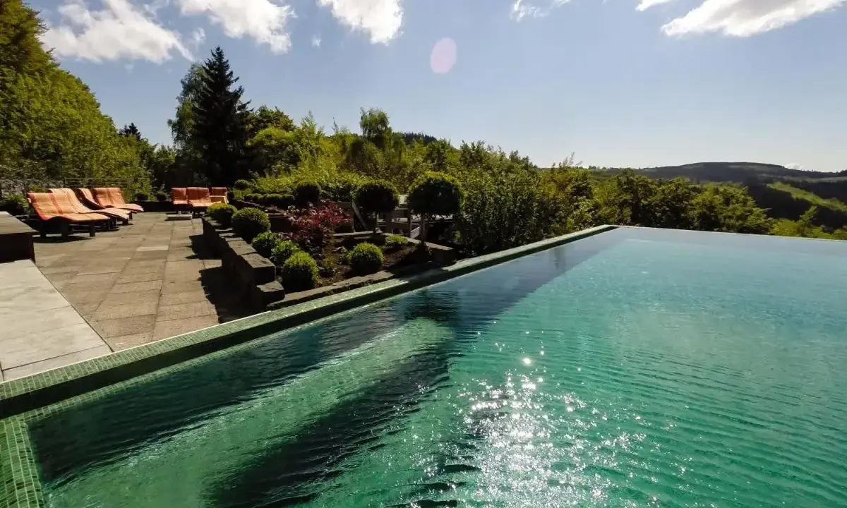 Infinity-Pool mit Liegen und Blick ins Grüne – hier ist die beste Therme im Sauerland.