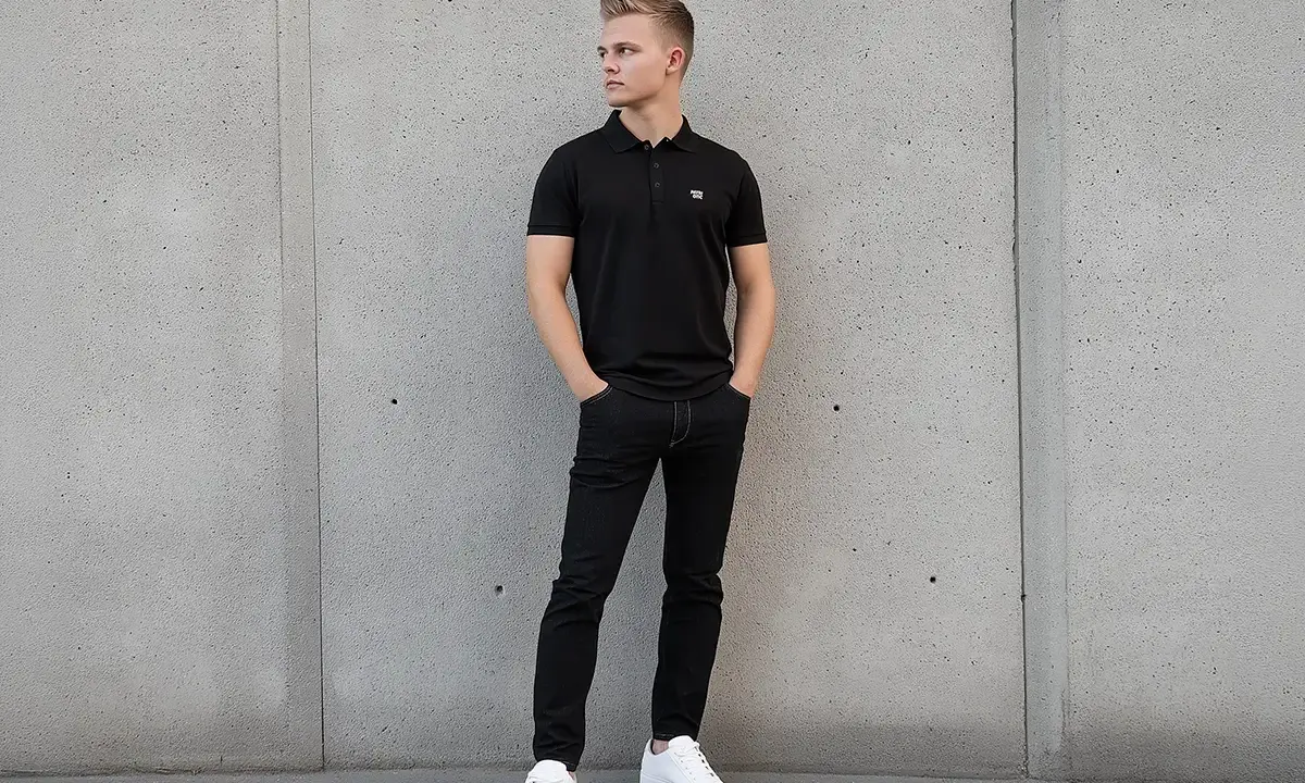 Młody mężczyzna w czarnej koszulce polo i jeansach pokazuje, jak nosić koszulkę polo na co dzień.