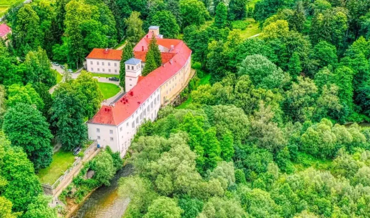 Zamek na skale w Trzebieszowicach, otoczony bujną zielenią, malowniczo wznosi się nad rzeką.