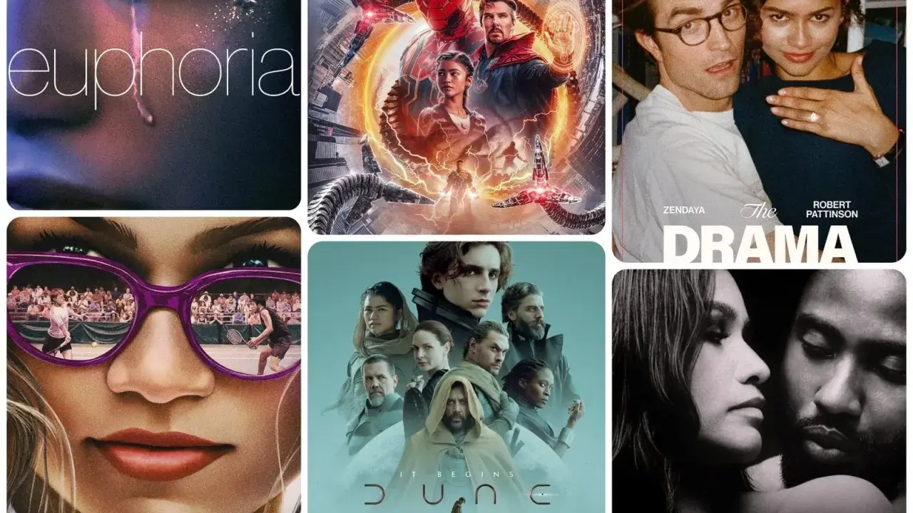 En kollage av filmer och tv-program med Zendaya: Euphoria, Spider-Man: No Way Home, The Drama, Dune och Malcolm & Marie.