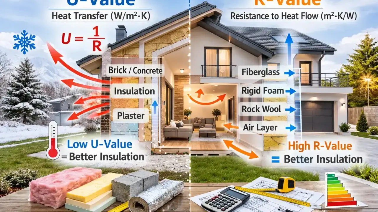 Ilustración comparativa de U-Value y R-Value en aislamiento de casas. Muestra cómo la lana de vidrio y otros materiales evitan la transferencia de calor, destacando la importancia de un buen aislamiento para el confort y la eficiencia energética, como ...