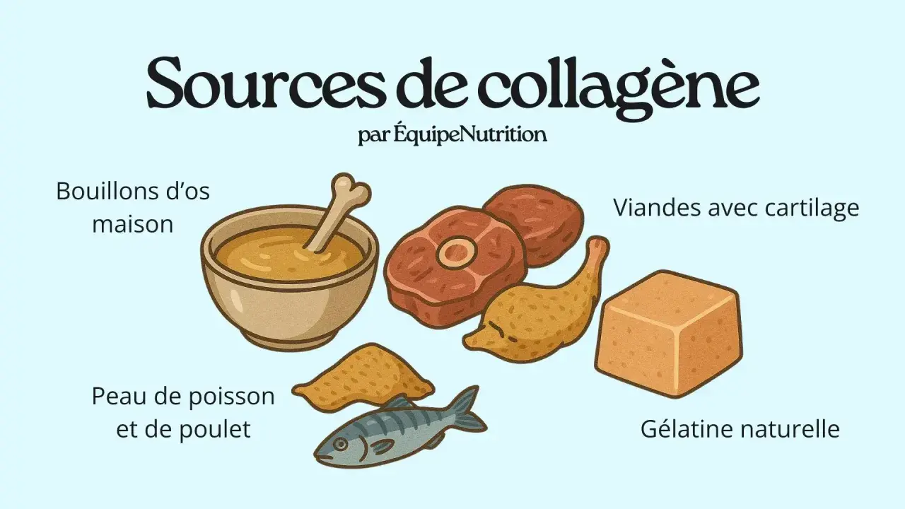 Sources de collagène : bouillons d'os, viandes avec cartilage, peau de poisson/poulet, gélatine naturelle. Découvrez les bienfaits du collagène !