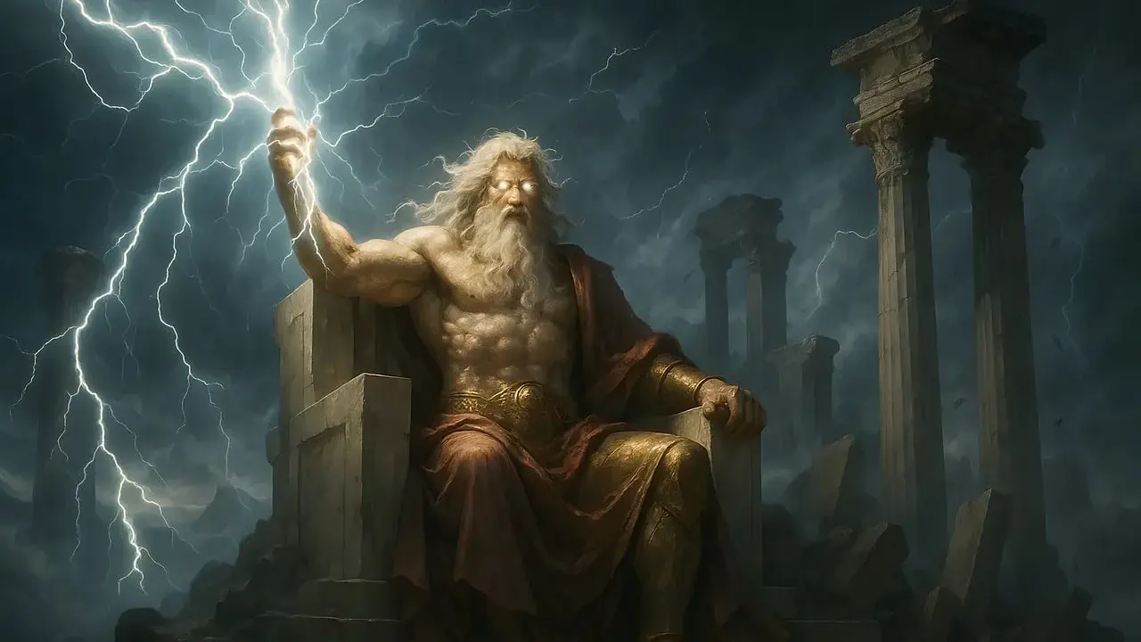 Zeus, der König der Götter, thront mit Blitz in der Hand. Seine Macht und die Bedeutung von Zeus spiegeln sich in der stürmischen, dramatischen Szenerie wider.