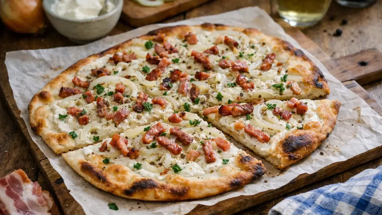 Une délicieuse flammekueche, garnie d'oignons et de lardons, prête à être dégustée. Parfait pour une recette facile et savoureuse.
