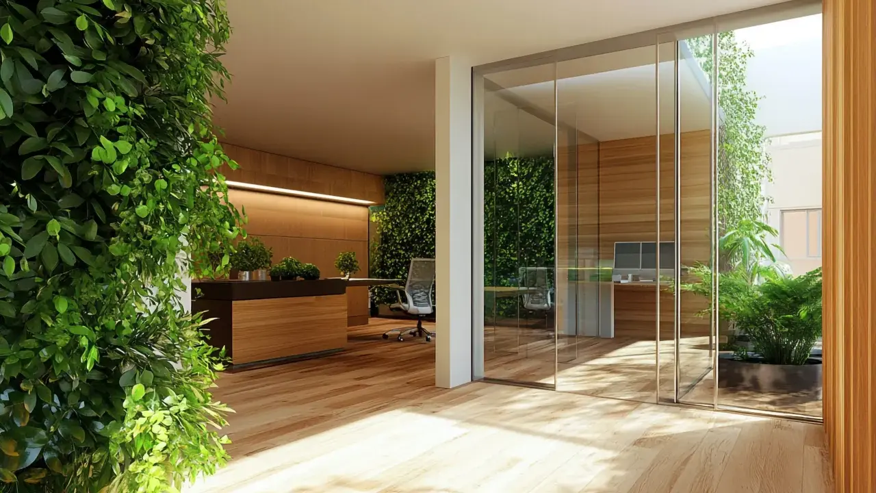 Oficina moderna con abundante vegetación interior. Una gran planta verde domina el primer plano. Al fondo, una **ventana sin marco detalle** permite ver un patio interior con más plantas.