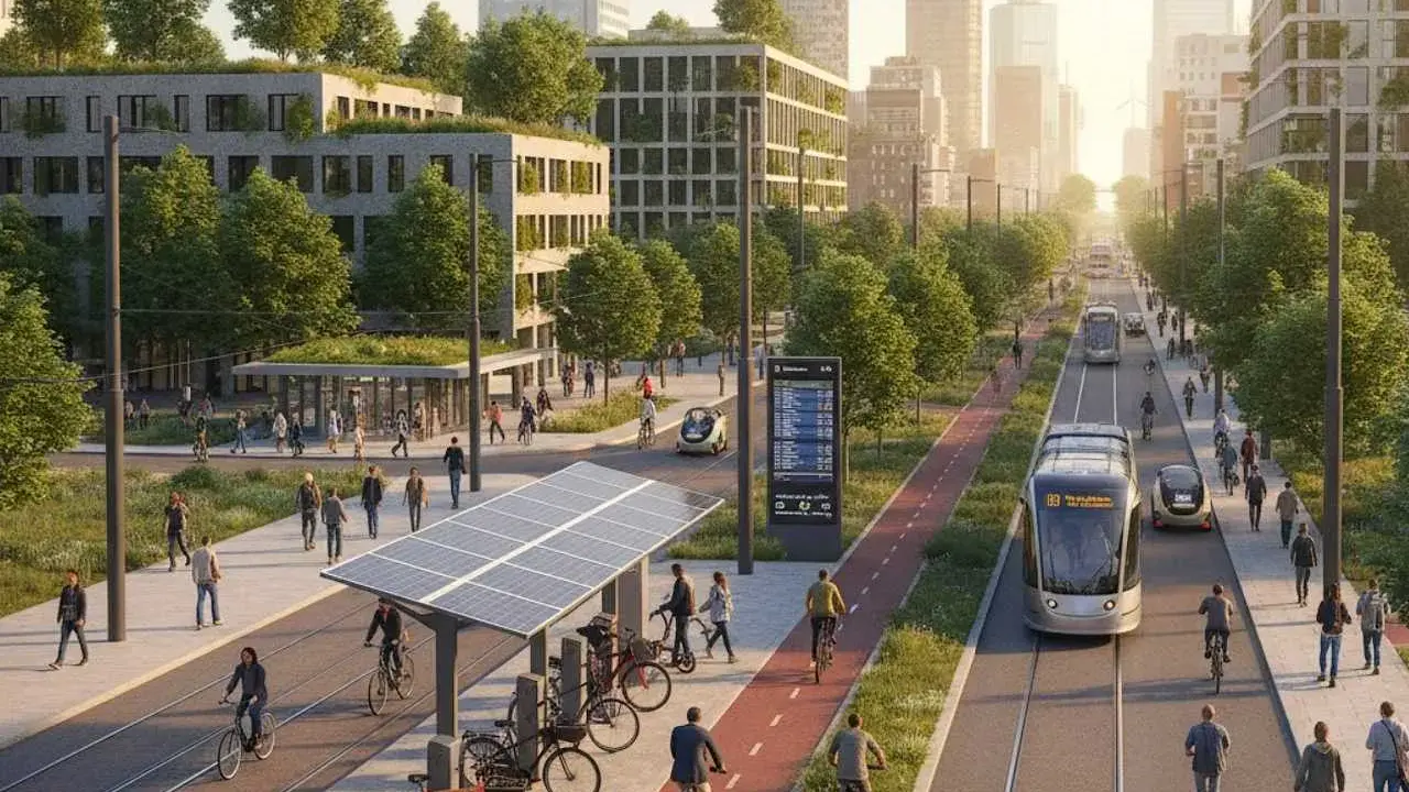 Ejemplos de movilidad sostenible: tranvía, bicicletas, coches eléctricos y edificios verdes en una ciudad futurista.