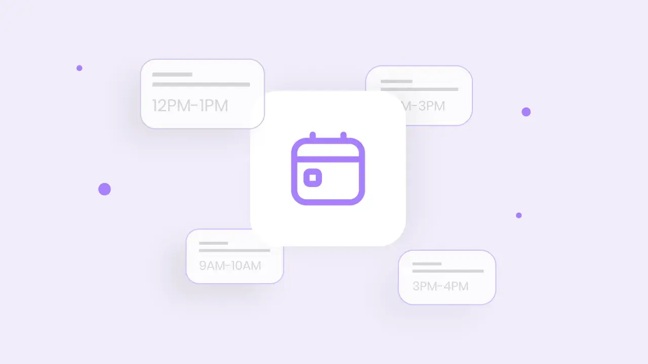 Icône de calendrier au centre, entourée de créneaux horaires. Idéal pour un calendrier partagé iPhone Android.