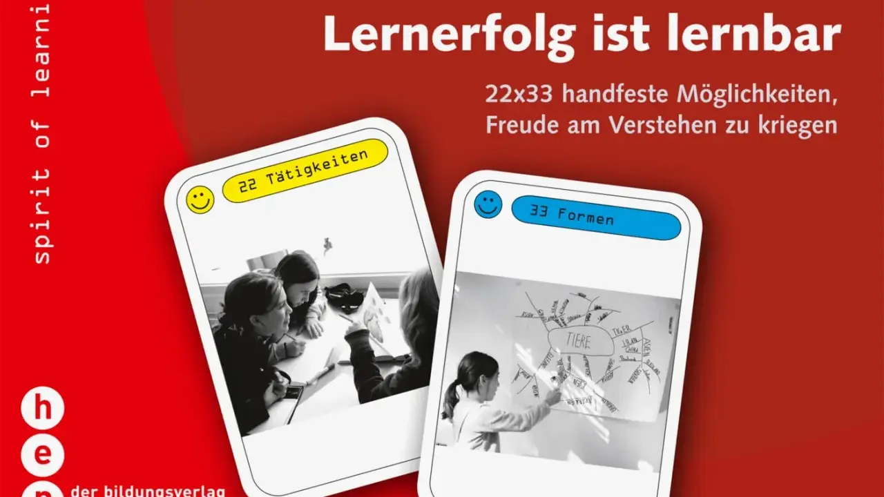 Zwei Karten zeigen eine positive lernatmosphäre: Kinder lernen gemeinsam und eine Schülerin erklärt eine Mindmap.